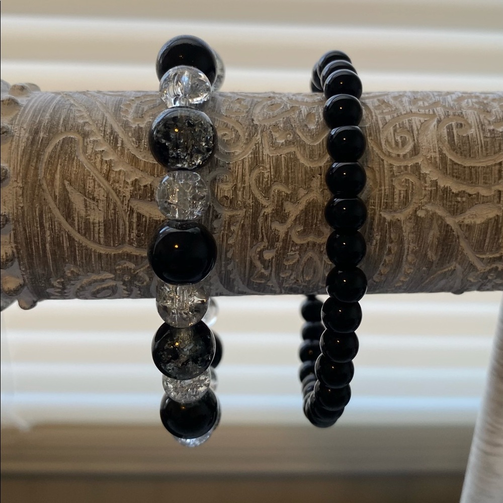 Black/Clear Crackle Glass Bead Bracelet and Black Braclet